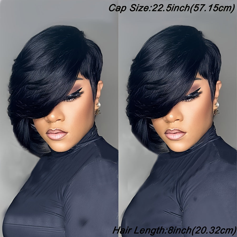 Short Pixie Cut Wig with Bangs 8 Inch Straight Virgin Layered Wigs Throw On and Go Glueless Wigs for Women Daily Party Wig