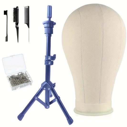 22 Inch Canvas Block Wig Head, Wig Stand Tripod With Head, Mannequin Head For Wigs, T Pins, Bristle Brush