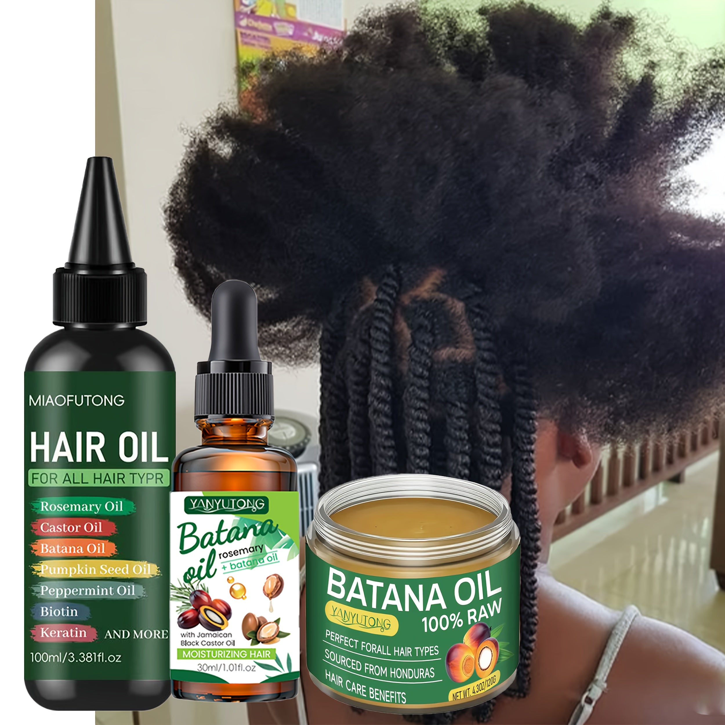 3pcs Honduras Bataina Hair Oil + Bataina Essential Oil + Bataina Conditioner. Pure Cold-pressed Extract Containing Biotin to Nourish The Scalp And Hair, Strengthen And Prevent Breakage And Split Ends, And Enhance Shine. Suitable for All Hair Types