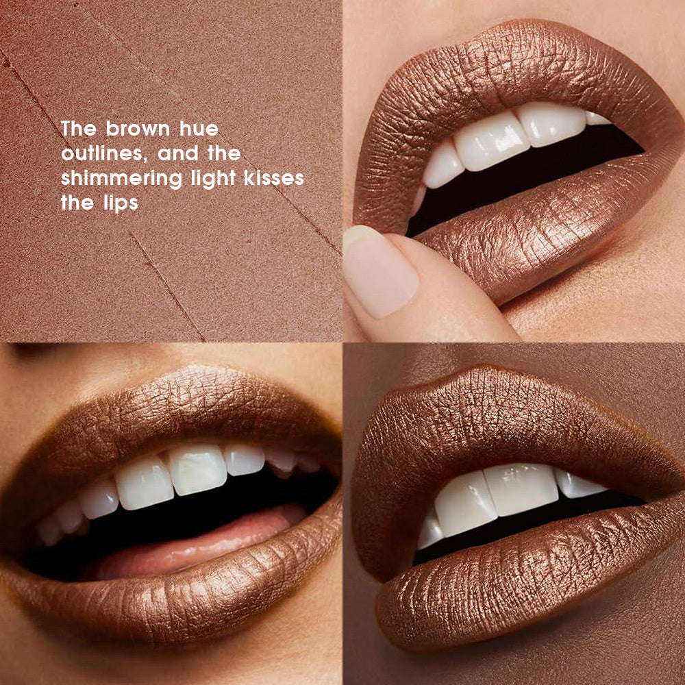 [Viral Fall Makeup] Luxury Press Golden Lipstick Set With Lip Liner | Brown Shimmer And Nude Lip Liner Pencil | Viral Fall Makeup Kit (2pcs)