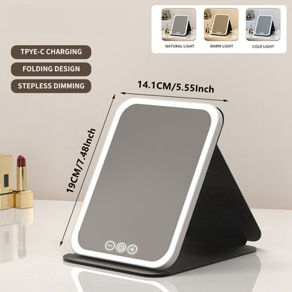 LED Makeup Mirror Folding with Touch Screen - USB Rechargeable Portable Vanity Mirror, Tri-Color Dimmable Lighting, Travel Desk Tabletop Use, Square or Round, Pink or White