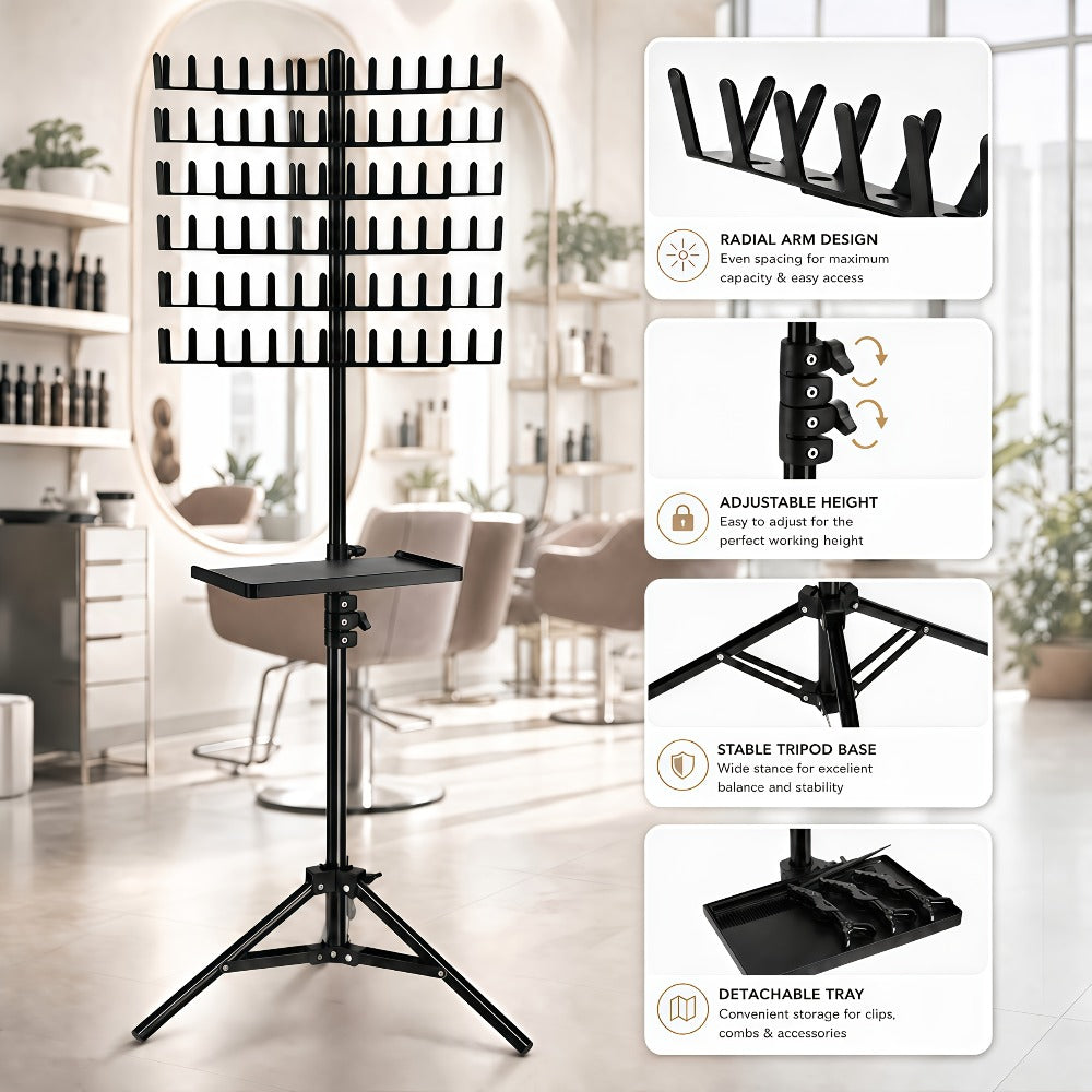 Braiding Hair Rack 144 Pegs — Height Adjustable 2-Side Hair Extension Holder Stand with Tray, Foldable Portable Professional Braiding Station for Salon Home Travel