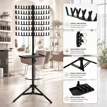 Braiding Hair Rack 144 Pegs — Height Adjustable 2-Side Hair Extension Holder Stand with Tray, Foldable Portable Professional Braiding Station for Salon Home Travel