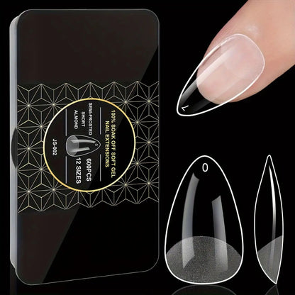 Soft Gel Nail Tips 600 Pieces - Clear Crystal Full Cover False Nails for Extensions | Almond Oval Square Coffin Stiletto Short Medium Long, Semi-Gloss Transparent Nail Tips for Nail Art Salon & DIY