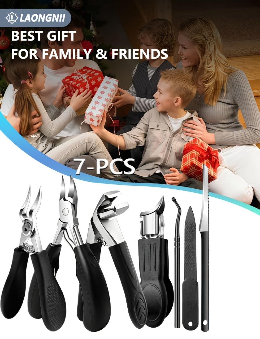 [Nail Care Set] 7pcs Nail Care Set, Suitable For Ingrown Toenails And Thick Toenails - Equipped With Nail File, Cuticle Nipper And Dead Skin Tool - Toenail Clippers With Angled Head & Curved Blades - Classic Black Handle For Men, Women & Elderly, Personal