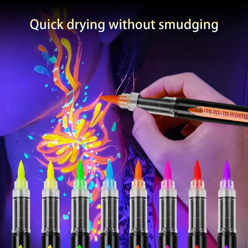 Face Body Paint Pen Set 8 Colors with 105 Tattoo Stencils - Glow in the Dark Neon Face Paint Easy Apply for Party Halloween Festival Stage Body Art