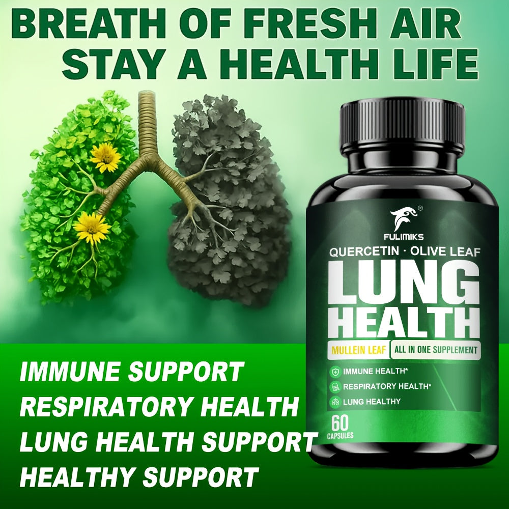 Lung Health Supplement Capsules, with Mullein Leaf, Olive Leaf Extract, for Respiratory & Lung Health, Immune Support, Day & Night Use, Family Wellness Gift