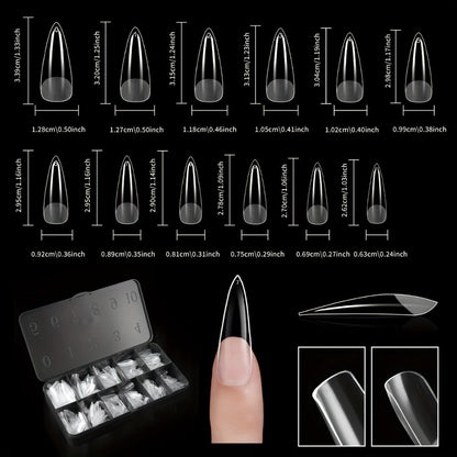 Soft Gel Nail Tips 600 Pieces - Clear Crystal Full Cover False Nails for Extensions | Almond Oval Square Coffin Stiletto Short Medium Long, Semi-Gloss Transparent Nail Tips for Nail Art Salon & DIY