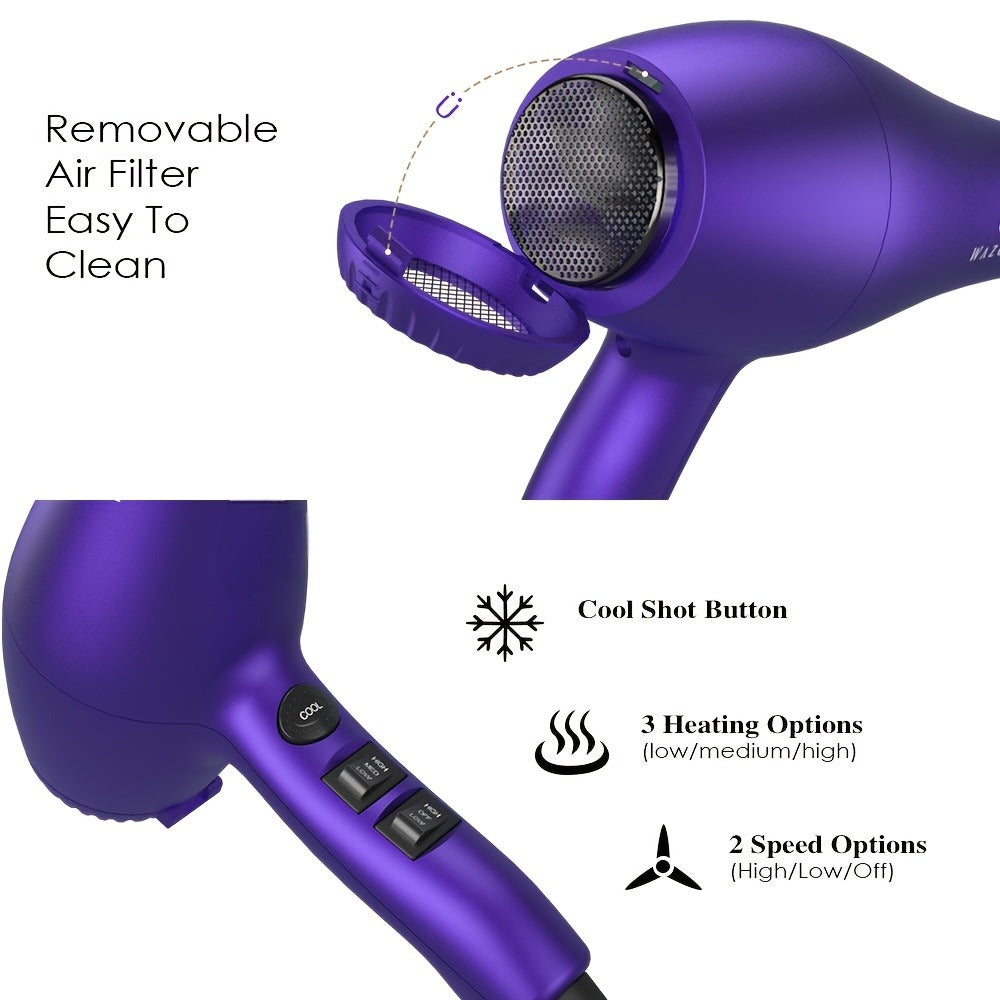 Powerful Hair Dryer 1875W Ionic Blow Dryer with Diffuser And Contractor, Dry Hair Fast with Less Frizz, Shine, 3 Heat/2 Speed for Optimal Styling, AC Motor Pro Hair Dryer with ALCI Plug, Black