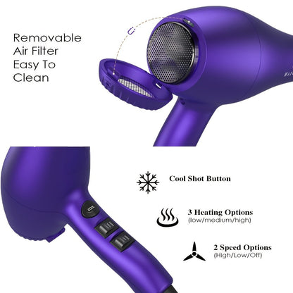 Ionic Hair Dryer 1875W with Diffuser Concentrator & Comb Nozzle - Professional Blow Dryer DC Motor 3 Heat 2 Speed Cool Shot Anti-Frizz Salon Quality Black