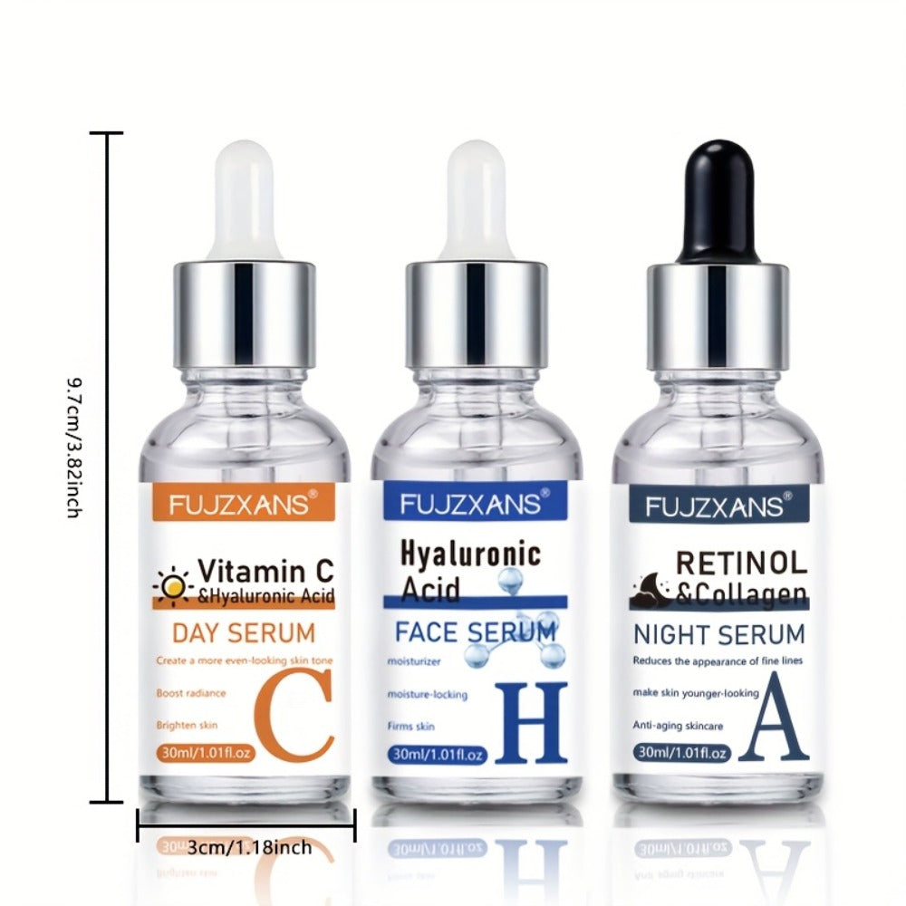 Day & Night Retinol+Vitamin C+Hyaluronic Acid Serum Set for Face skincare ; make Light Beige younger-looking ; Deep Hydration ; Moisturizing Facial Essence kit for Women