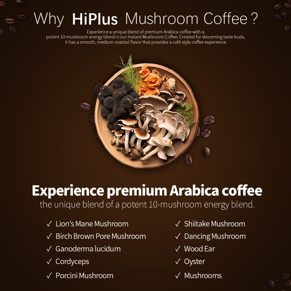 HiPlus Instant Mushroom Coffee Powder - Immune Support & Focus Booster with Arabica Coffee, Lions Mane, Chaga, Reishi, Cordyceps, Turkey Tail, Shiitake, Maitake, Gluten-Free, Soy-Free, No Fillers - Clean Energy & Mental Clarity, No Jitters - 7oz (203g)