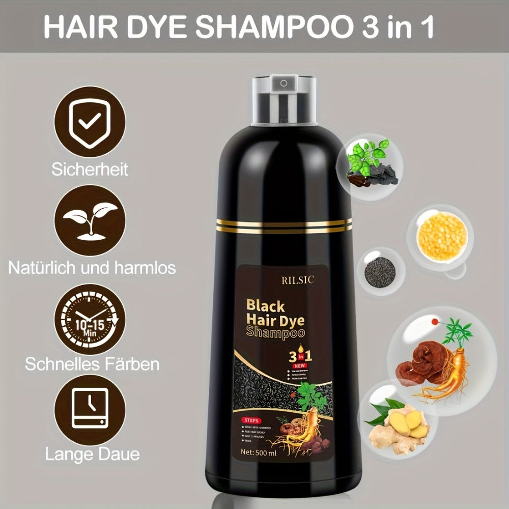 Hair Dye Shampoo 2 Pack Grey Hair 3-in-1 Herbal Plant-Based Squalane Colors in Minutes Kit with Gloves Earmuffs Headgear Shawl Black Brown 500ml Each