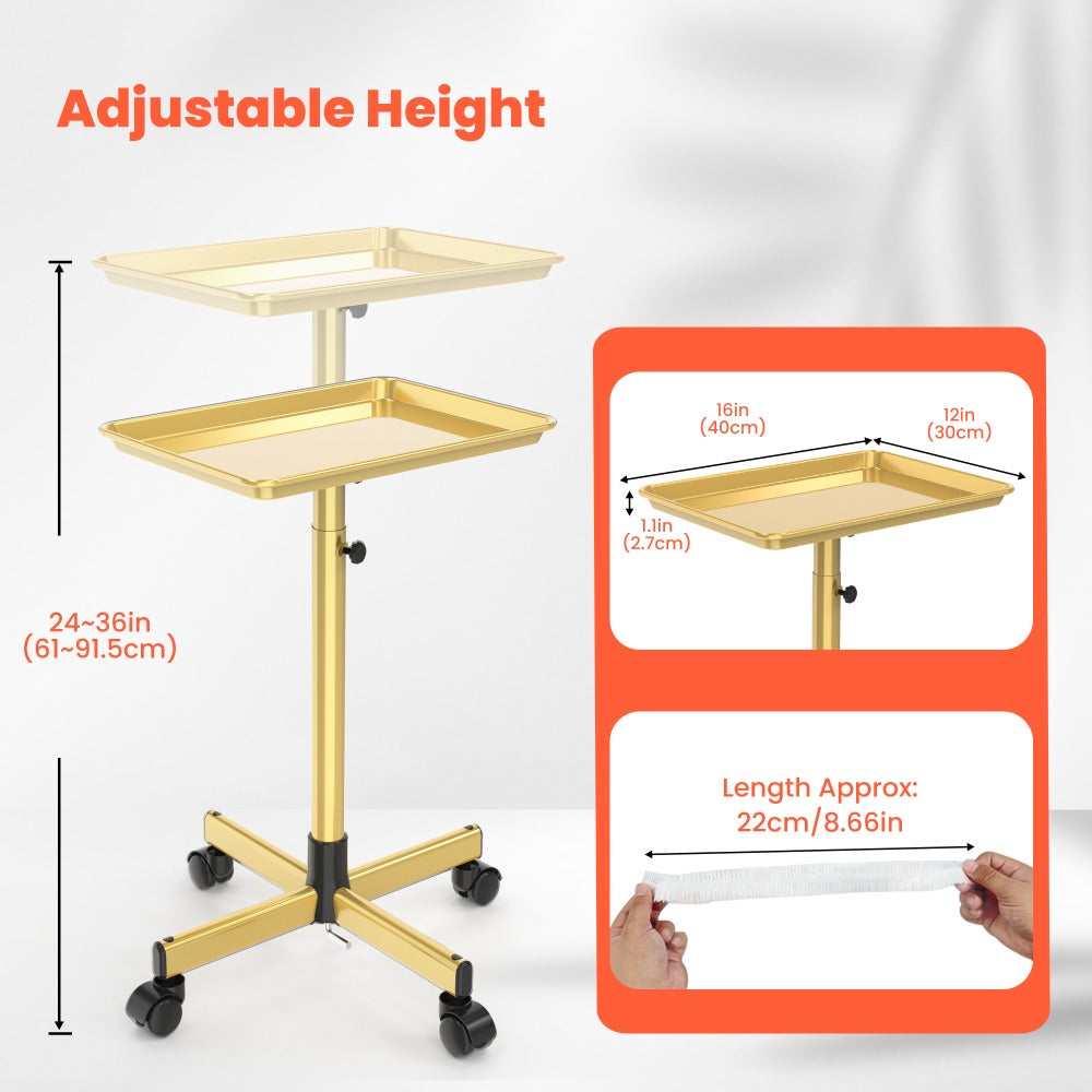 Premium Salon Tray Cart - Tattoo Tray in Gold & Pink, Adjustable Height Rolling Trolley for Spa, Salon & Hairstylist – Mobile Utility Tray with 10 Disposable Salon Tray Covers (Fits Trays ≤ 27.5in) for Storage & Organization