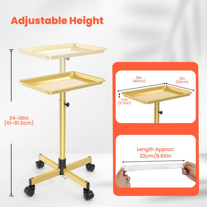Salon Tray Cart Rolling Trolley Adjustable Height with 10 Disposable Covers - Mobile Utility Tray for Spa, Tattoo, Hairstylist & Salon, Fits Trays ≤27.5'', Gold & Pink