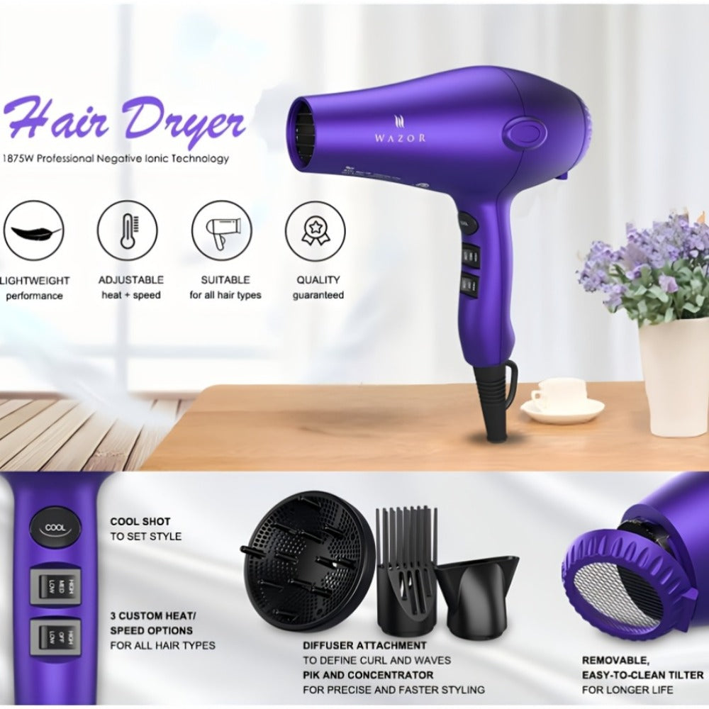 3Rd Generation Lightweight Low Noise Hair Dryer, 1875W Ceramic Negative Ionic Blow Dryer And 2-Speed 3-Heat Settings Cool Shot with Diffuser Concentrator Comb, Hair Dryers for Women, for Women Gifts, Best Gifts (Purple)
