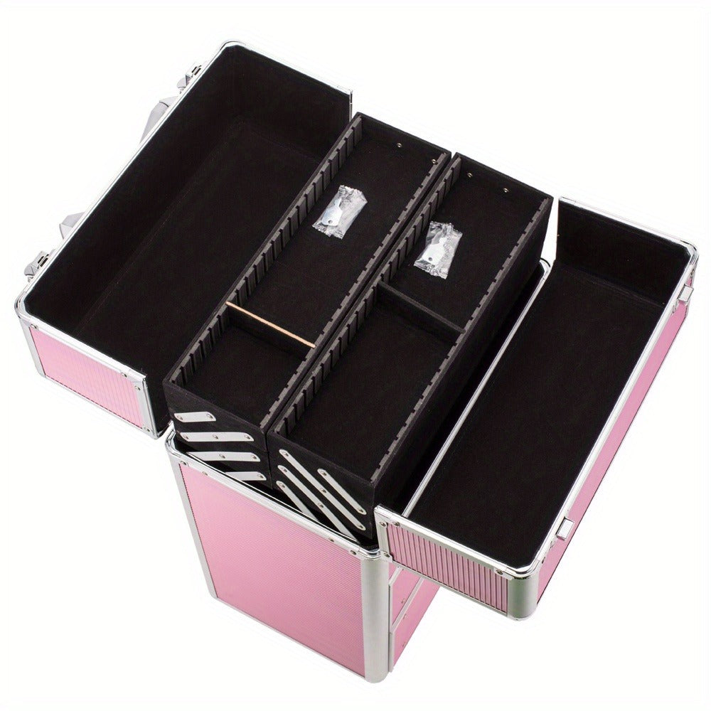 4 Tier Lockable Cosmetic Makeup Train Case with Extendable Trays Pink