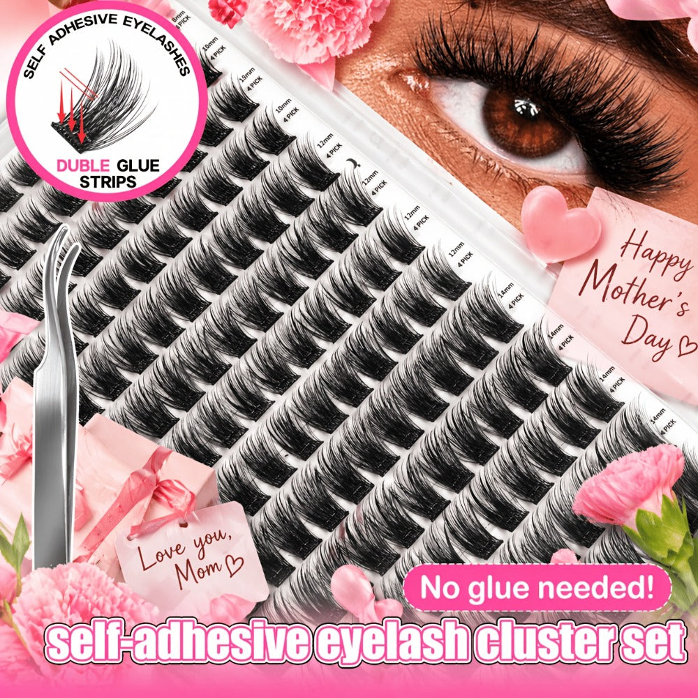Self Adhesive Eyelashes, 156pcs Self Adhesive Eyelash Clusters, No Glue Needed, Invisible 2-Strip Tape - Longer Lasting, No Sticky Residue Pre Glued Eyelashes (Volume-Mixed)