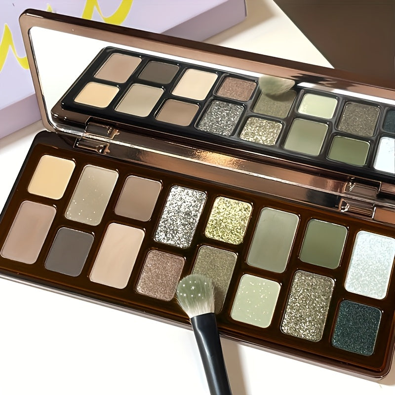 [16-Color Eyeshadow Palette] Smoky Retro Eyeshadow Set Pearlescent 16-Color Eyeshadow Palette - Matte, Soft And Glitter End, Gray, Green, Earthy Tones of Smoky Retro Look, Highlights And Blush Multi-Purpose Makeup Palette, Compact Design, Beauty Anytime,