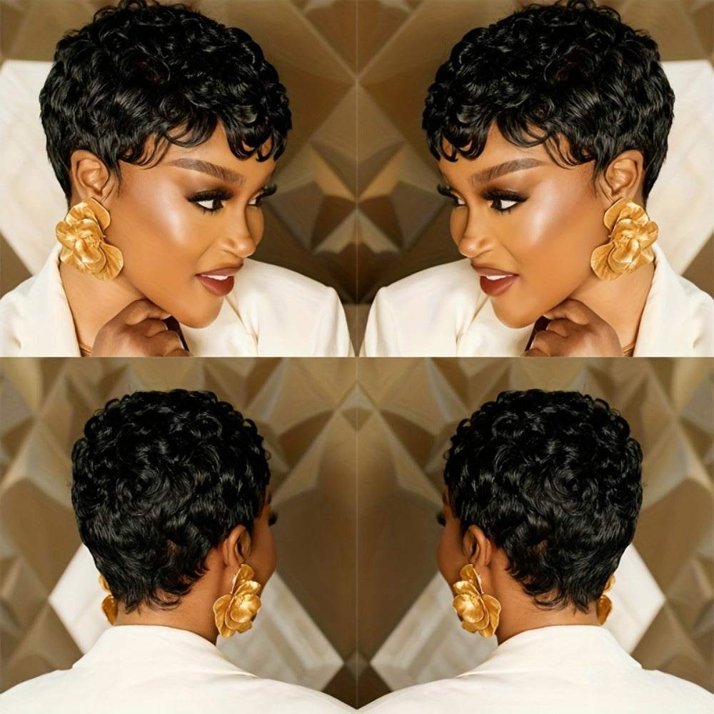Glueless Human Hair Wig Short Curly Pixie Cut with Bangs – 180% Density Brazilian Remy Natural Black Bob, Layered Loose Curly Machine Made Wig for Women, Comfortable Daily Wear, 6 Inch