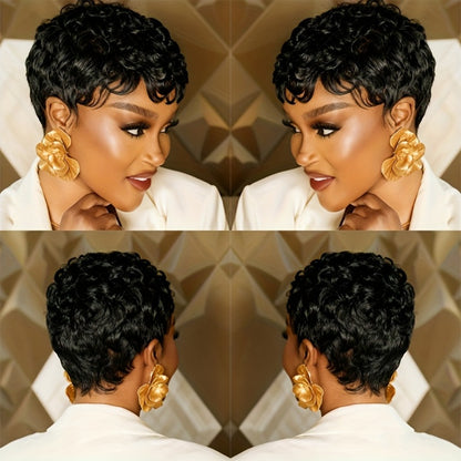Glueless Human Hair Wig Short Curly Pixie Cut with Bangs – 180% Density Brazilian Remy Natural Black Bob, Layered Loose Curly Machine Made Wig for Women, Comfortable Daily Wear, 6 Inch