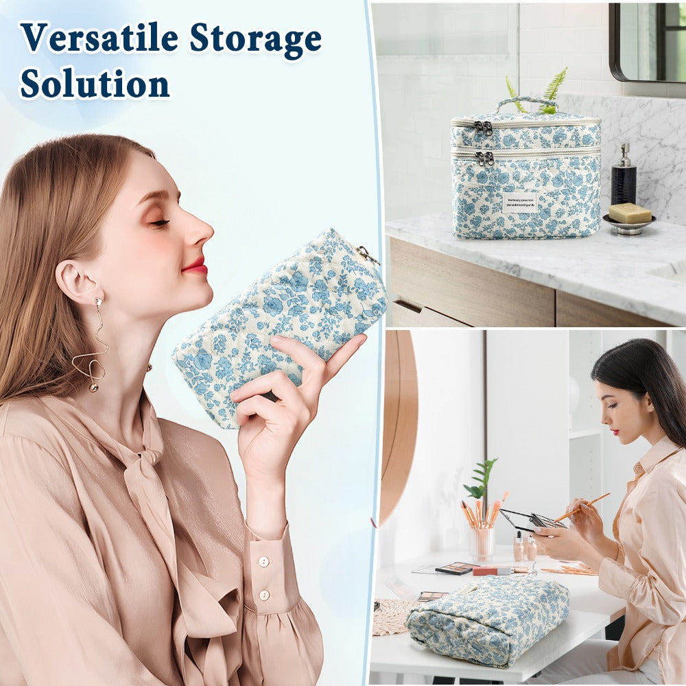Large Capacity Dual Layer Cotton Makeup Cosmetic Bag (3PCS), Cute Quilted Travel Coquette Aesthetic Floral Make up Bag for Women Toiletry Bag (Blue Rose)
