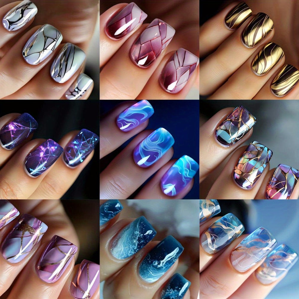 Press on Nails with Marble Texture 215pcs (9pcs) Fake Nails Gradient Designs Brown Lines Acrylic Nails Glossy Yellow Short Square Shaped False Nails Full Cover Stick on Nails for Women DIY Manicuare