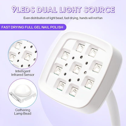 UV LED Nail Lamp Rechargeable Cordless Gel Nail Light Smart Sensor — 360° Gooseneck, LCD Display, 30s/60s Timer, Portable Type-C, Cures All Gel Nails, Salon & Home Use, White