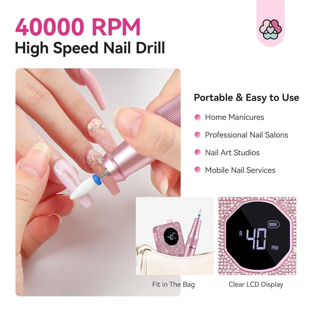 SAVILAND Professional Nail Drill 40000 RPM | Bright Pink Diamond Nail Drill Kit with 4000 mAh Rechargeable Battery, LCD Display, Brushed Motor, Includes Ceramic Nail Drill Bits and Sanding Bands for Salon Use
