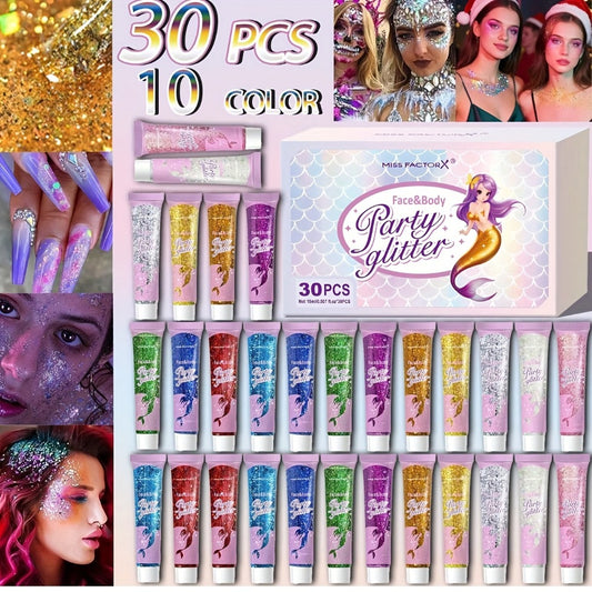 30pcs/box Face Glitter, Body Glitter, Transparent White Glitter Gel, Hair Glitter Gel, Various Shapes Colorful Glitter, Mermaid Sequin Makeup, Face Painting, Women'S Thick Shiny Glitter Gel Gift Se