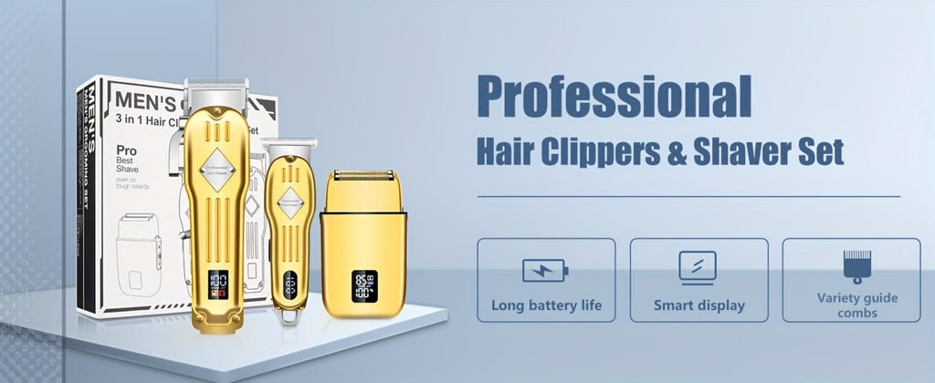 Men's Professional Hair Clipper Combo Set - Foil Shaver, Detail Trimmer, Adjustable Blades - USB Rechargeable, LCD Display, Complete Accessories for Home/Barbershop
