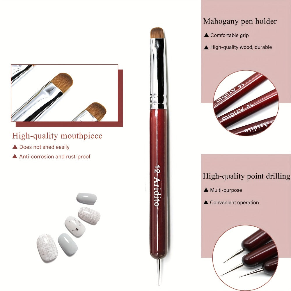 4pcs Aridito Professional Acrylic French Manicure Clean-Up Brushes & Dotting Pens - Red Wood Handles, Precision Tips (#10, #12, #14, #16) for Nail Art, Cuticle Care - Essential Manicure Tools for Home & Salon Use, Modern Metallic Finish | Metallic Ferrule