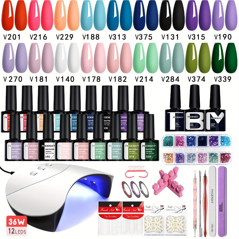 Gel Nail Polish Kit 36pcs with 36W UV LED Nail Lamp — Pink Red Purple Black Brown Blue Gel Polish Set & Manicure Tools for Home Salon Nail Art