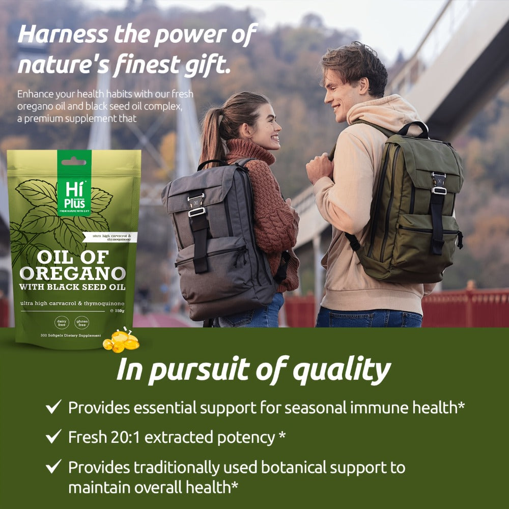 Hi Plus Oregano Oil Softgels, 300 Capsules | 2-in-1 Formula with Black Seed Oil 200mg, 4x Strength Carvacrylone & Thimeriquinone | Plant-Based, Immunological Support