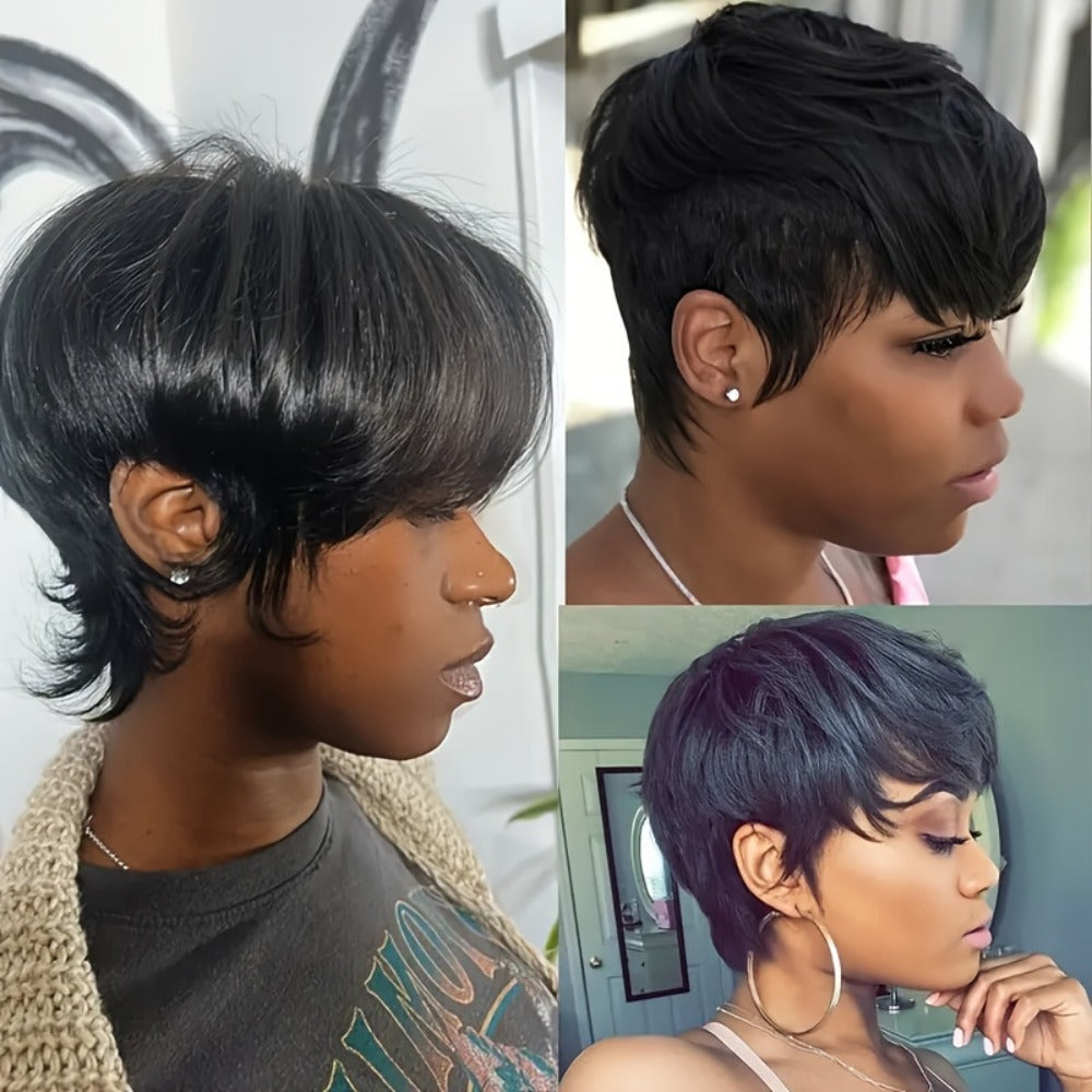 Women'S Pixie Cut Wig with Bangs, Human Hair, Straight, Non-Lace, Rose Net Cap, 180% Density, Machine Made, Glueless, Suitable for African Women - Basic Style