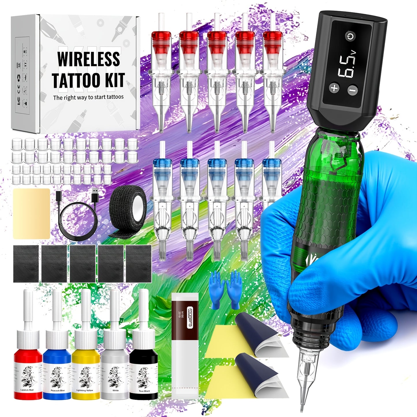 Tattoo Pen Kit VOID Wireless 1200mAh Anti-Slip Grip with 10 Cartridge Needles 5 Ink Shades 3-4 Hour Battery 4-12V Adjustable Rotary Tattoo Gun for Beginners Purple Green