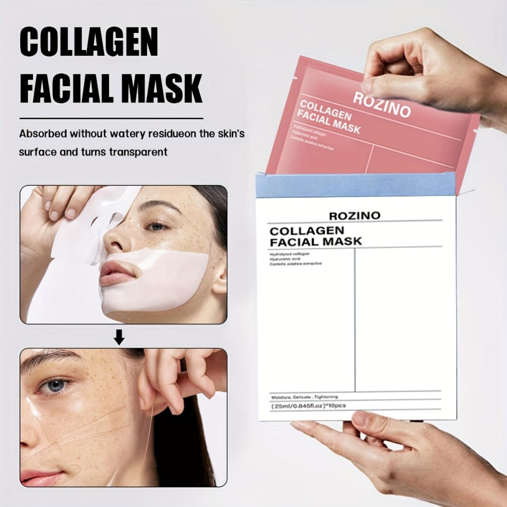 Collagen Sheet Mask Set 10pcs — Bio-Collagen Hydrogel Face Mask with Aloe Vera, Intense Hydration for Dewy Glowing Skin, Alcohol-Free Hypoallergenic, 25ml Each