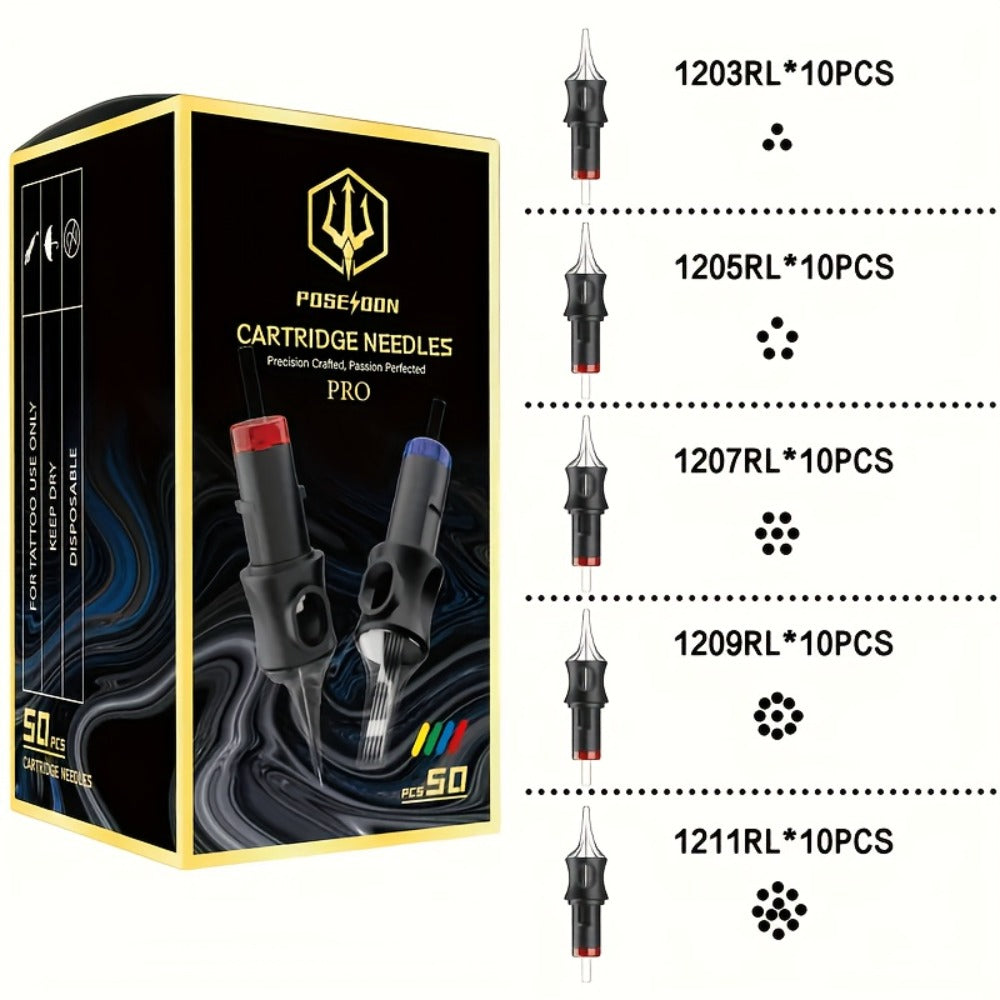 [50pcs Poseidon V5 Tattoo Needles] Poseidon V5 50pcs Assorted Mixed Size Tattoo Cartridge Needles | Round Liner Shader Curved/Round 5RL 7RL 9RL 5RS 7RS 9RS 7RM 7M1 15M1 15RM Disposable Tattoo Needles For Tattoo Supplies