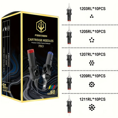 Tattoo Cartridge Needles 50Pcs Assorted - POSEIDON V5 Round Liner Shader Magnum Mixed Sizes 5RL 7RL 9RL 5RS 7RS 9RS 7RM 7M1 15M1 15RM Disposable Safety Cartridge Needles for Tattoo Supplies