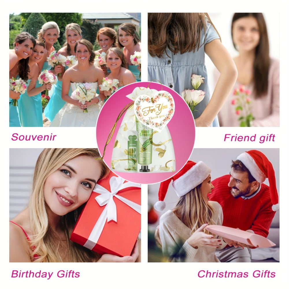 48pcs/Sets Hand Cream & Lip Balm Gift Sets - Perfect For Wedding, Friend Gatherings, Or As A Party Favor! Includes 12pcs Hand Cream, 12pcs Lip Balm, 12pcs White Heart-Shaped Hot Stamping Yarn Bags, And 12pcs Thank You Cards. Mother'S Day Gift