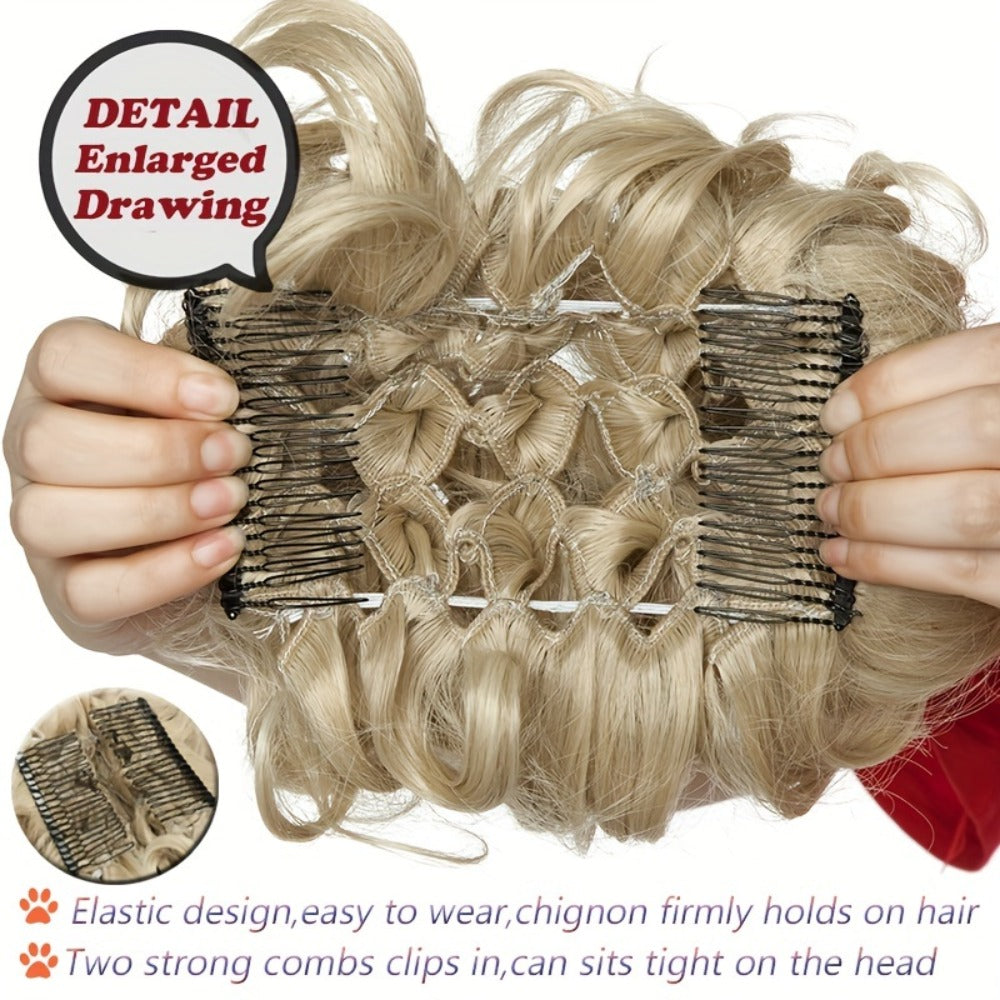 Clip In Hair Bun Extension Messy Bun Chignon Hairpiece Synthetic Curly Updo with Comb Scrunchie for Women Wedding Party Office Daily Wear Rose Bud Style