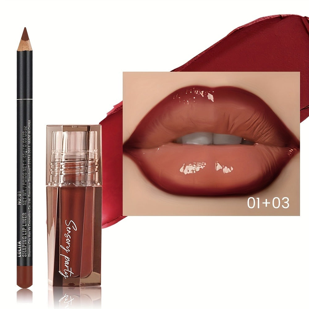 Lip Gloss & Lip Liner Set Hydrating Water-Gloss Dewy Finish - 3D Precision Contour Moisturizing Matte Liner Versatile Everyday Glam Lip Makeup Duo