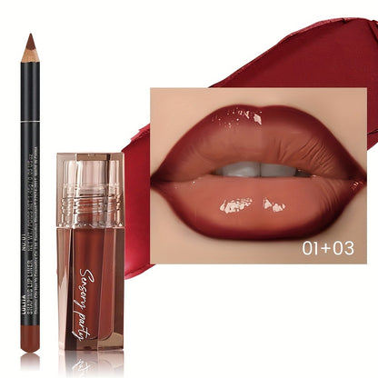 Lip Gloss & Lip Liner Set Hydrating Water-Gloss Dewy Finish - 3D Precision Contour Moisturizing Matte Liner Versatile Everyday Glam Lip Makeup Duo
