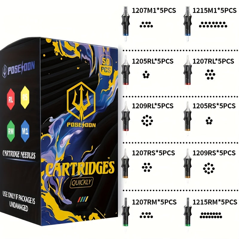 [50pcs Poseidon V5 Tattoo Needles] Poseidon V5 50pcs Assorted Mixed Size Tattoo Cartridge Needles | Round Liner Shader Curved/Round 5RL 7RL 9RL 5RS 7RS 9RS 7RM 7M1 15M1 15RM Disposable Tattoo Needles For Tattoo Supplies