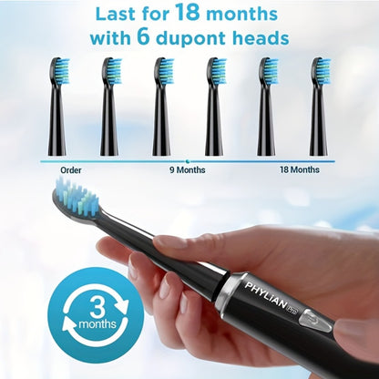 Electric Toothbrush for Adults Sonic Rechargeable 5 Cleaning Modes 6 DuPont Brush Heads 40000 VPM 120-Day Battery 2-Minute Smart Timer Whitening Sensitive Polish Massage USB Charge Travel Ready