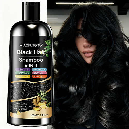 Black Hair Dye Shampoo 6-in-1 Gray Coverage - Castor, Batana, Coconut, Rosemary & Ginger Oil Formula, Instant Color, Glossy & Voluminous, Unisex, All Hair Types