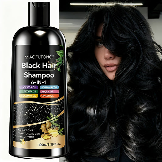 6-in-1 Black Hair Dye Shampoo - Instant Color, Glossy, Voluminous, Smooth In Minutes | Unisex, Nourishing with Castor, Batana, Coconut, Rosemary, Ginger Oil | Gray Coverage, Long-Lasting, Gentle, Suitable for All Hair Types | Hair Dye & Care