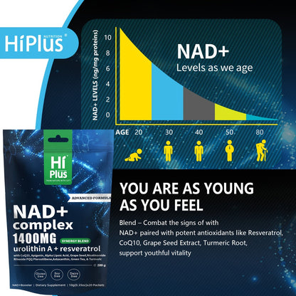 NAD+ Supplement 1400mg Liposomal with Nicotinamide Riboside PQQ & Trans-Resveratrol – Cellular Energy, Focus & Antioxidant Support | HiPlus Berry Flavor Portable Sachets (20 or 40 Packs)