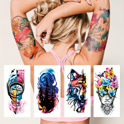 Temporary Tattoos Full Arm 46 Sheets | Waterproof Long-Lasting Body Art Stickers for Men & Women | Colorful Floral Geometric Portrait Ink Painting Style | Realistic Festive Tattoo Design Set