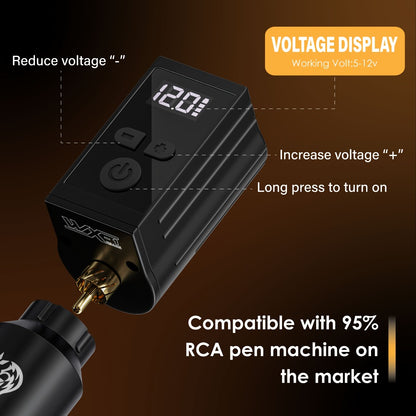 Wireless Tattoo Battery Power Supply 1450mAh — Neebol WX-1 Plus RCA, LED Display, 12V Boost Mode, 6-Hour Runtime, USB-C Charging, for Rotary Machines & PMU Pens